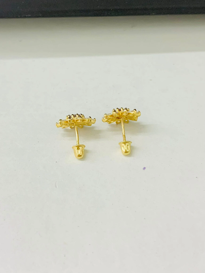 Flower Stud Earrings Pink Tourmaline Birthstone 14K Yellow Gold Earrings for Womens Girls Dainty CZ Screw Back Earrings 10x10 Aretes de Flor