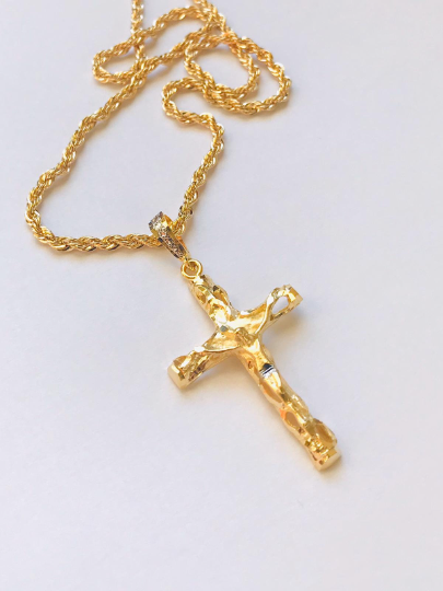 18K Gold Filled Cross Necklace, Religious Necklace 24" Cross Pendant 43x26mm