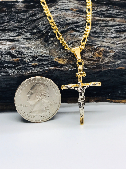 Figaro Link Cross Necklace For Men or Women Gold Filled 33x18mm in Gold Filled / Crucifix Necklace for Mens Womens / Cadena con Dije de Cruz Oro Laminado