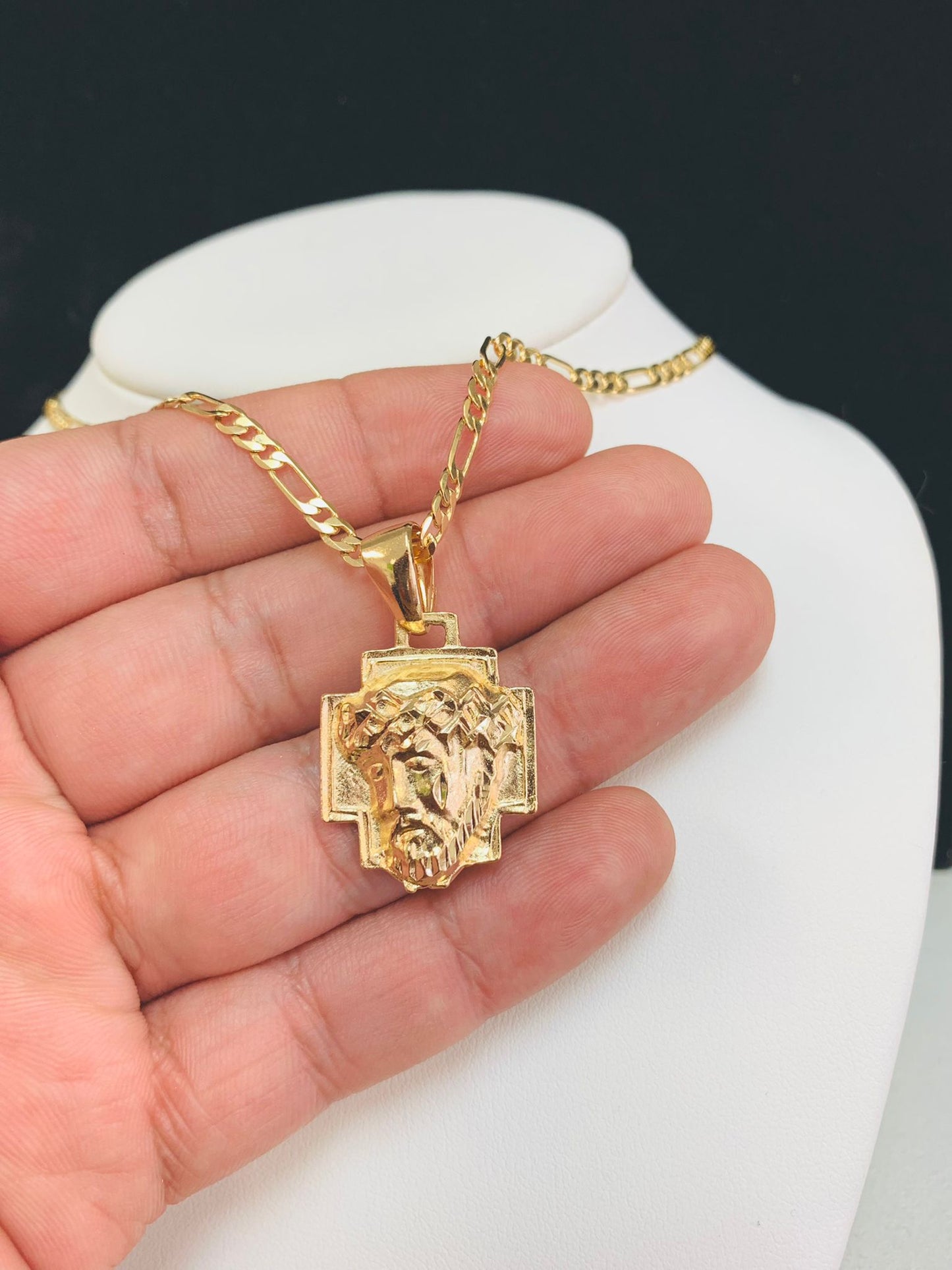 Jesus Christ Head Necklace • Jesus Head Pendant • Gold Filled Necklace • Figaro Link Chain 22"