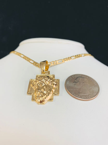 Jesus Christ Head Necklace • Jesus Head Pendant • Gold Filled Necklace • Figaro Link Chain 22"