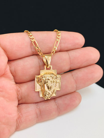 Jesus Christ Head Necklace • Jesus Head Pendant • Gold Filled Necklace • Figaro Link Chain 22"