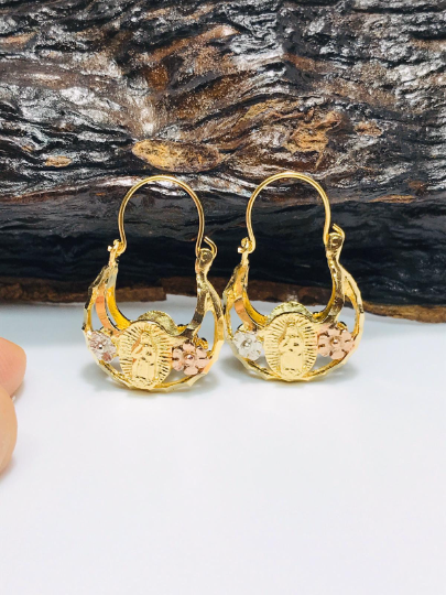 14K Gold Filled Our Lady of Guadalupe Hoop Basket Earrings 3 Color / Argollas de la Virgen de Guadalupe En Oro Laminado / Christmas Gift / Valentines Day Gift