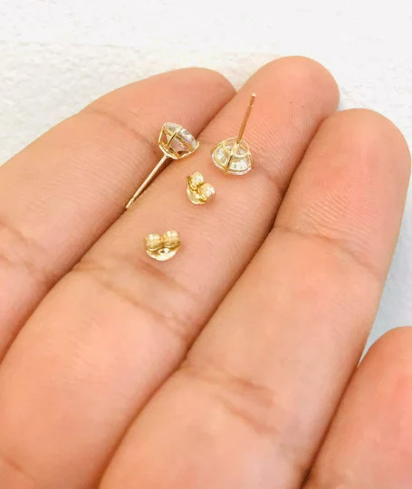 14K Yellow and White Gold Set Double Pair of Earrings Huggies Earrings 14x14 / Push Back Stud Earrings Womens / Everyday Earrings for Women