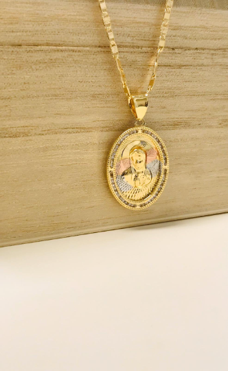 14K Gold Filled Virgin Mary Necklace Set 20", Tri-Color Pendant With CZ Diamond 28x20mm / Everyday Necklace/ Virgen Mary Pendant / Dije de la Virgen Maria