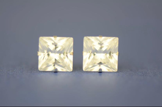 14K Yellow/White Gold Square CZ Princess Cut Stud Earrings for Womens Mens Kids / Everyday Earrings Jewelry / Aretes en Oro Solido Real para Mujer