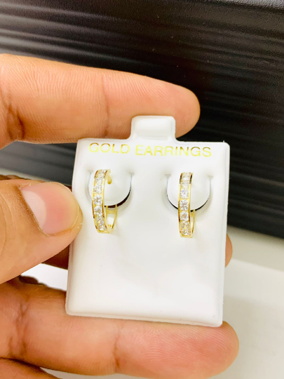 Set Double Earrings Huggies Stud Earrings Push Back 14x14 Hoop CZ Stud Earrings 6x6 10K Yellow Gold CZ Earrings for Womens Everyday Jewelry