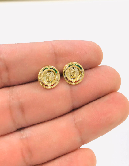 14K Gold filled Virgen de Guadalupe Earrings Screw Back Stud Earrings 10x10mm / Mexican Flag Earrings / Womens Earrings / Aretes de Guadalupe en Oro Laminado