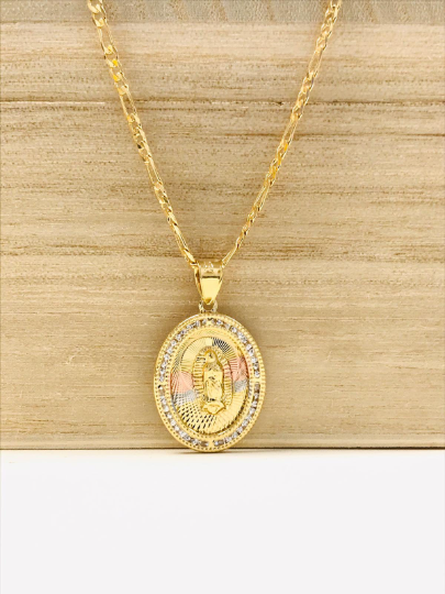 14K Gold Filled Virgen de Guadalupe Pendant Necklace 24x18mm CZ Stones Pendant / Dije de Guadalupe y Cadena Figaro Link