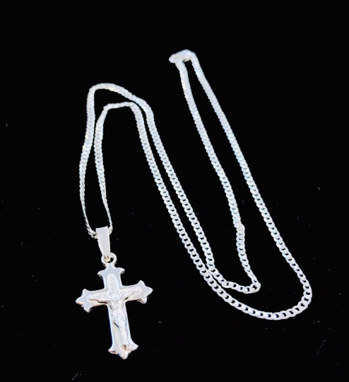 925 Sterling Silver Women Mens Small Cross Necklace 20” Cuban link Chain