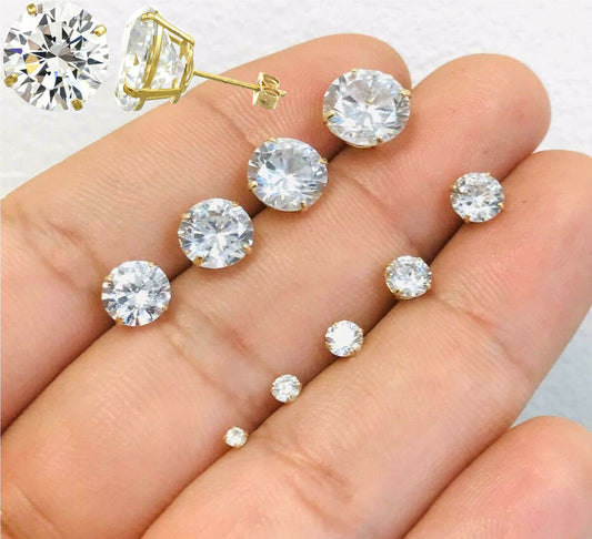 10K Yellow Solid Gold CZ Earrings 2mm to 10mm / Round CZ Gold Earrings for Womens Mens Kids / Aretes en Oro Real Para Mujer Hombre Ninos / Stud Earrings / CZ Gold Earrings