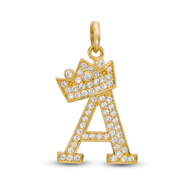 Cubic Zirconia "A" Initial with Tilted Crown Necklace Charm in 14K Gold / Charm Initials Letters Pendants