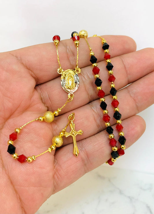 Virgin of Guadalupe Rosary 24" / Gold Filled Rosary / Black Red Beads Rosary / Rosary Chain for Womens / Catholics Jewelry / Rosario de la Guadalupe