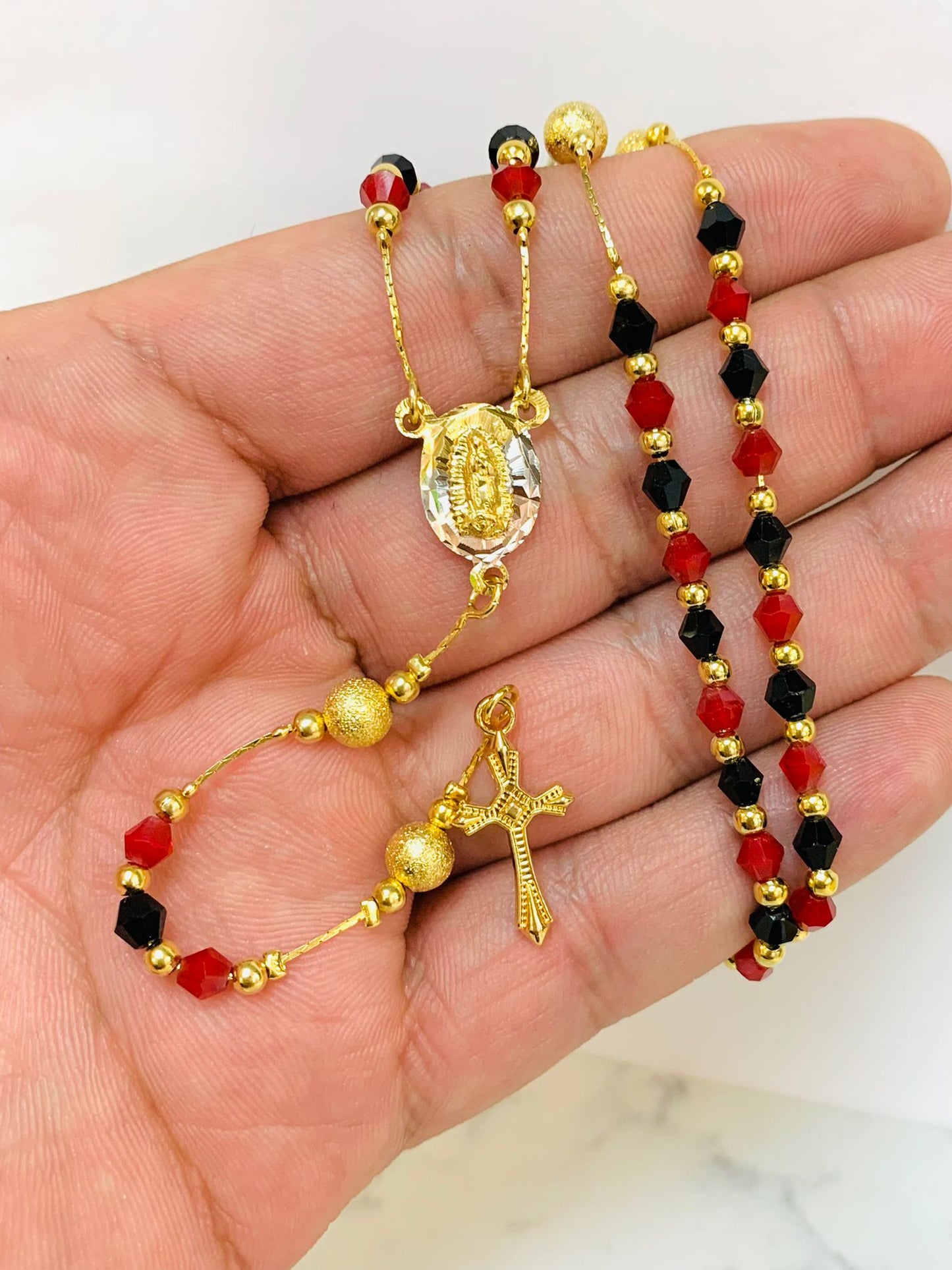 Virgin of Guadalupe Rosary 24" / Gold Filled Rosary / Black Red Beads Rosary / Rosary Chain for Womens / Catholics Jewelry / Rosario de la Guadalupe