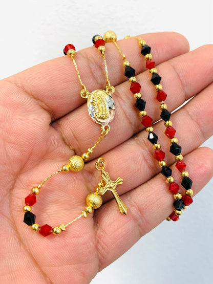 Virgin of Guadalupe Rosary 24" / Gold Filled Rosary / Black Red Beads Rosary / Rosary Chain for Womens / Catholics Jewelry / Rosario de la Guadalupe