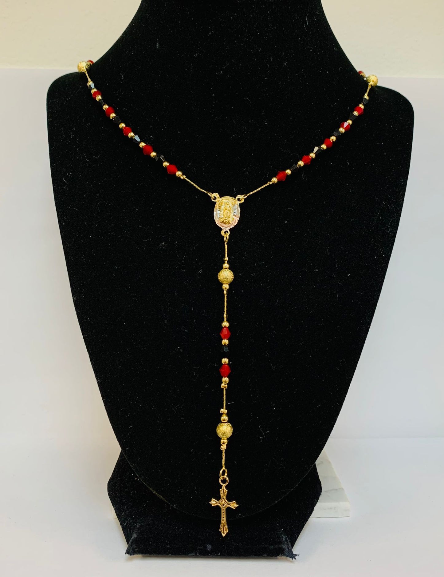 Virgin of Guadalupe Rosary 24" / Gold Filled Rosary / Black Red Beads Rosary / Rosary Chain for Womens / Catholics Jewelry / Rosario de la Guadalupe