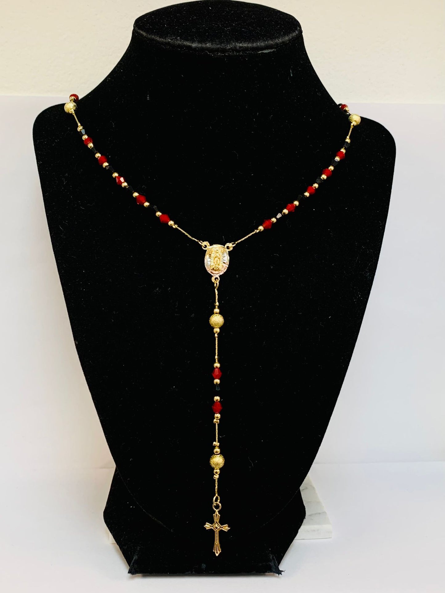 Virgin of Guadalupe Rosary 24" / Gold Filled Rosary / Black Red Beads Rosary / Rosary Chain for Womens / Catholics Jewelry / Rosario de la Guadalupe