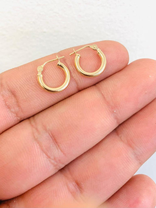 14K Yellow Gold Hoop Earrings 12x12mm 2mm / 14K Gold Earrings For Girls Children / Aretes Argollas para Niña de Oro Real 14k