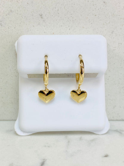 14K Yellow Solid Gold Dangle Puffed Heart Huggies Earrings 6x6.6mm Womens Girls Babies