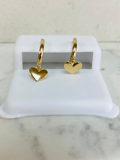 14K Yellow Solid Gold Dangle Puffed Heart Huggies Earrings 6x6.6mm Womens Girls Babies