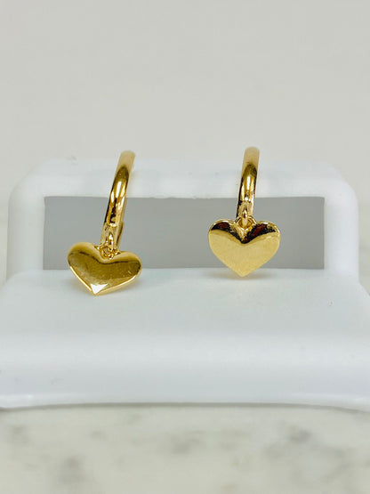 14K Yellow Solid Gold Dangle Puffed Heart Huggies Earrings 6x6.6mm Womens Girls Babies