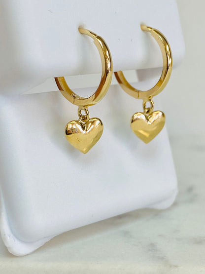 14K Yellow Solid Gold Dangle Puffed Heart Huggies Earrings 6x6.6mm Womens Girls Babies