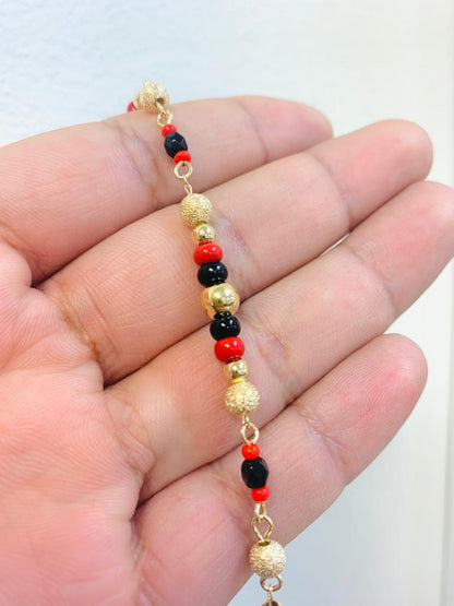 Women's Black And Red Azabache Bracelet / Beads Gold Filled Azabache 7.5" Christmas Gift / Pulsera de Azabache Para Mujer Bolitas Negras y Rojas / Pulsera Buena Suerte