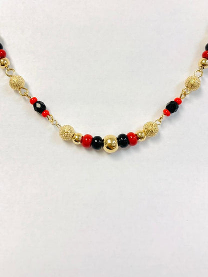 Women's Black And Red Azabache Bracelet / Beads Gold Filled Azabache 7.5" Christmas Gift / Pulsera de Azabache Para Mujer Bolitas Negras y Rojas / Pulsera Buena Suerte