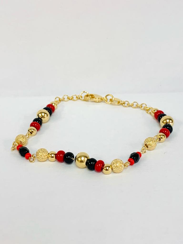 Women's Black And Red Azabache Bracelet / Beads Gold Filled Azabache 7.5" Christmas Gift / Pulsera de Azabache Para Mujer Bolitas Negras y Rojas / Pulsera Buena Suerte