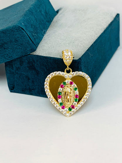 Guadalupe Heart Pendant CZ Solid Yellow Gold 14K For Womens / Our Lady of Guadalupe Pendant / Dijes