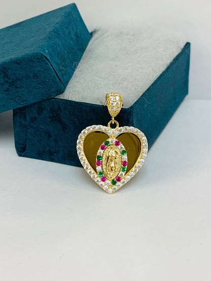 Guadalupe Heart Pendant CZ Solid Yellow Gold 14K For Womens / Our Lady of Guadalupe Pendant / Dijes