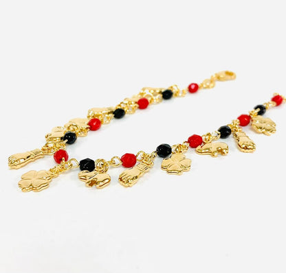 Good Luck Women's Bracelet / Elephant Azabache Hand Bracelet in 14K Gold Filled / Four Leaf Clover Bracelet / Pulsera de Azabache  Elefante para Buena Suerte