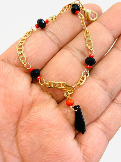 Mariner Link Azabache Bracelet / Womens Azabache Bracelet 7.5" Good Luck & Protecton Jewelry / Evil Eye Bracelet for Protection / Pulsera con Azabache Oro Laminado / Bracelet with Simulated Azabache