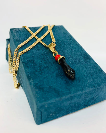 Mariner Link Chain Necklace with Azabache Hand Pendant 18" / Womens Chain Necklace Boys Girls / Good Luck & Protection Jewelry / Cadena de Azabache en Oro Laminado Para Ninos y Mujer