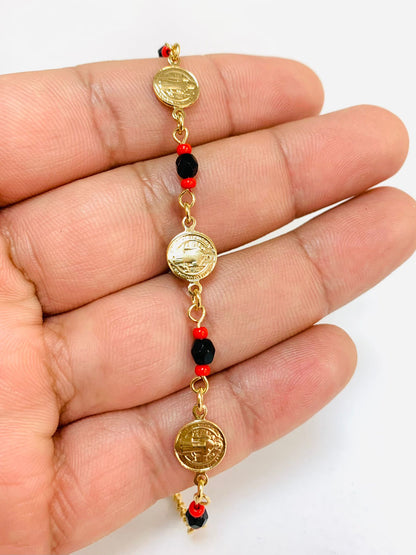 San Bendictus Bracelets Black Red Beads Bracelet for Good Luck & Protection in Gold Filled/ Pulsera de San Benito con Piedras de Azabache para Mujer