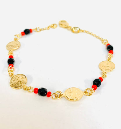 San Bendictus Bracelets Black Red Beads Bracelet for Good Luck & Protection in Gold Filled/ Pulsera de San Benito con Piedras de Azabache para Mujer