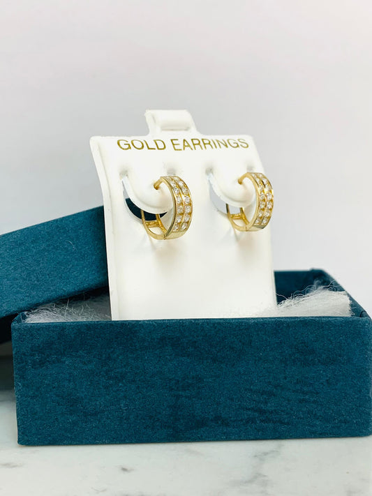 10K Huggies Hoop Earrings Double Line With Cubic Zirconia Stones 12mm Dainty Everyday Earrings Argollas Arracadas en Oro Real 10K Para Mujer
