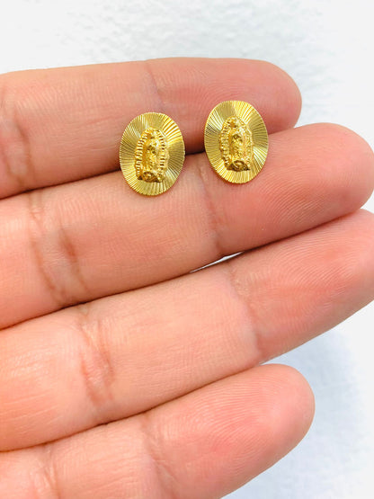 Dainty Diamond Cut Virgen de Guadalupe Earrings Stud Push Back for Women's Ladies Girls GF All Yellow Earrings 13x10mm / Aretes de Guadalupe en Oro Laminado para Mujer