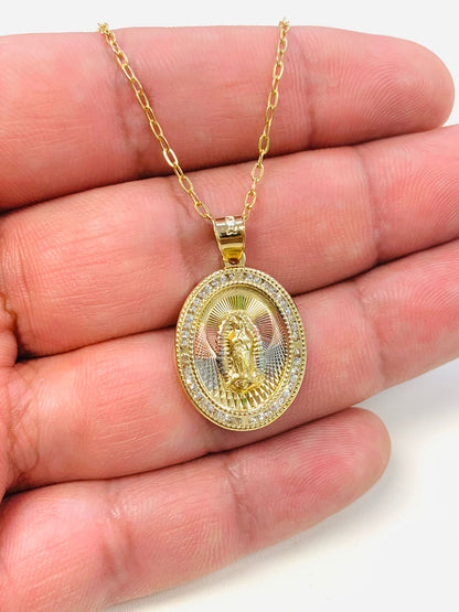14K Gold Filled CZ Virgen de Guadalupe Necklace For Womens Cable Link Chain 20"