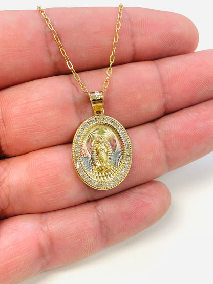 14K Gold Filled CZ Virgen de Guadalupe Necklace For Womens Cable Link Chain 20"