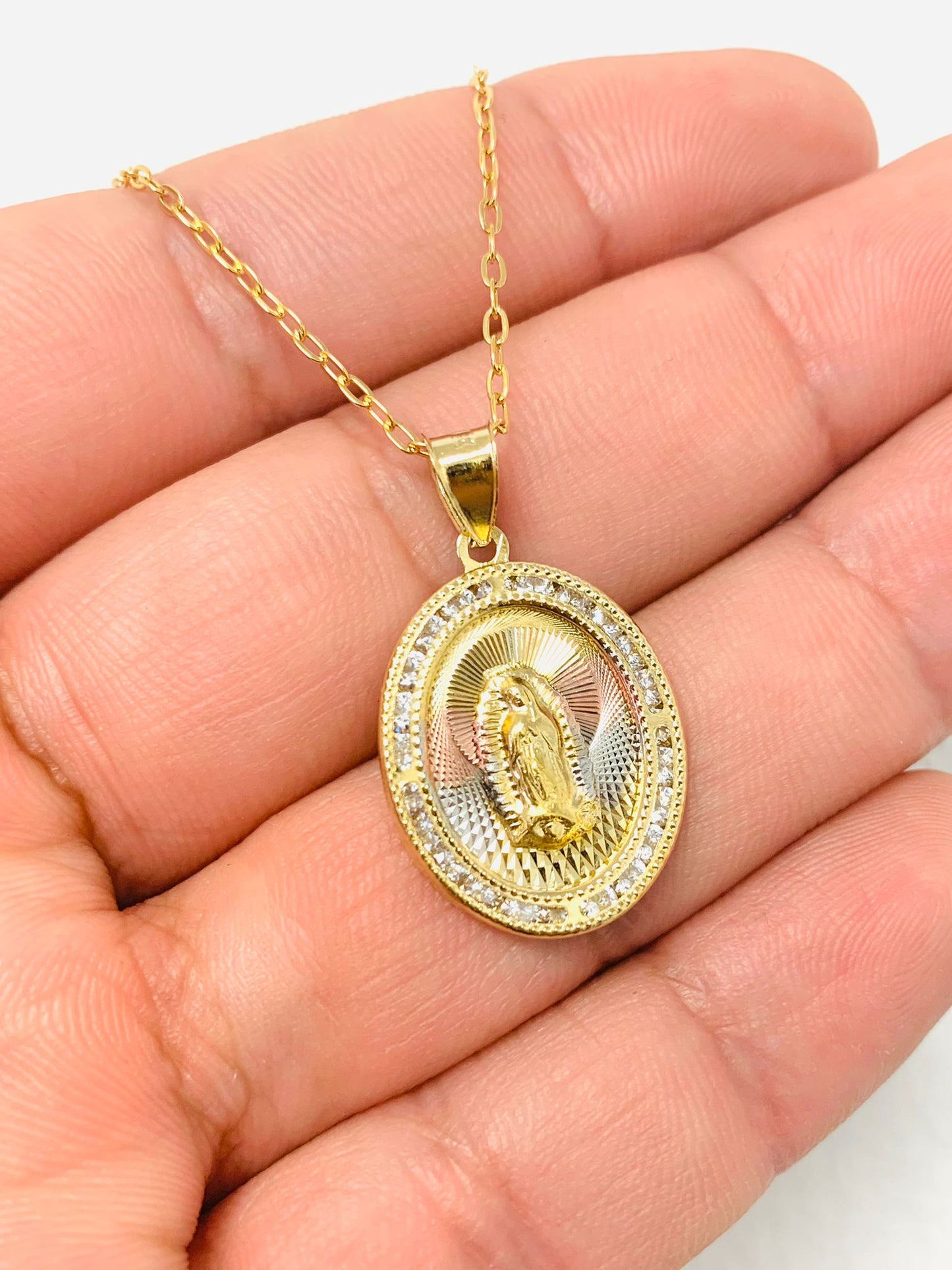 14K Gold Filled CZ Virgen de Guadalupe Necklace For Womens Cable Link Chain 20"