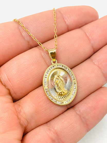 14K Gold Filled CZ Virgen de Guadalupe Necklace For Womens Cable Link Chain 20"