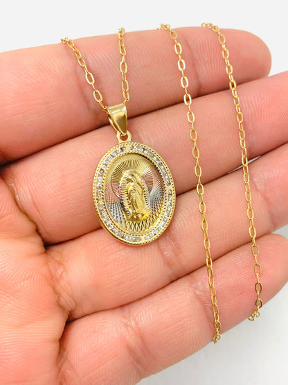14K Gold Filled CZ Virgen de Guadalupe Necklace For Womens Cable Link Chain 20"