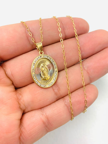 14K Gold Filled CZ Virgen de Guadalupe Necklace For Womens Cable Link Chain 20"
