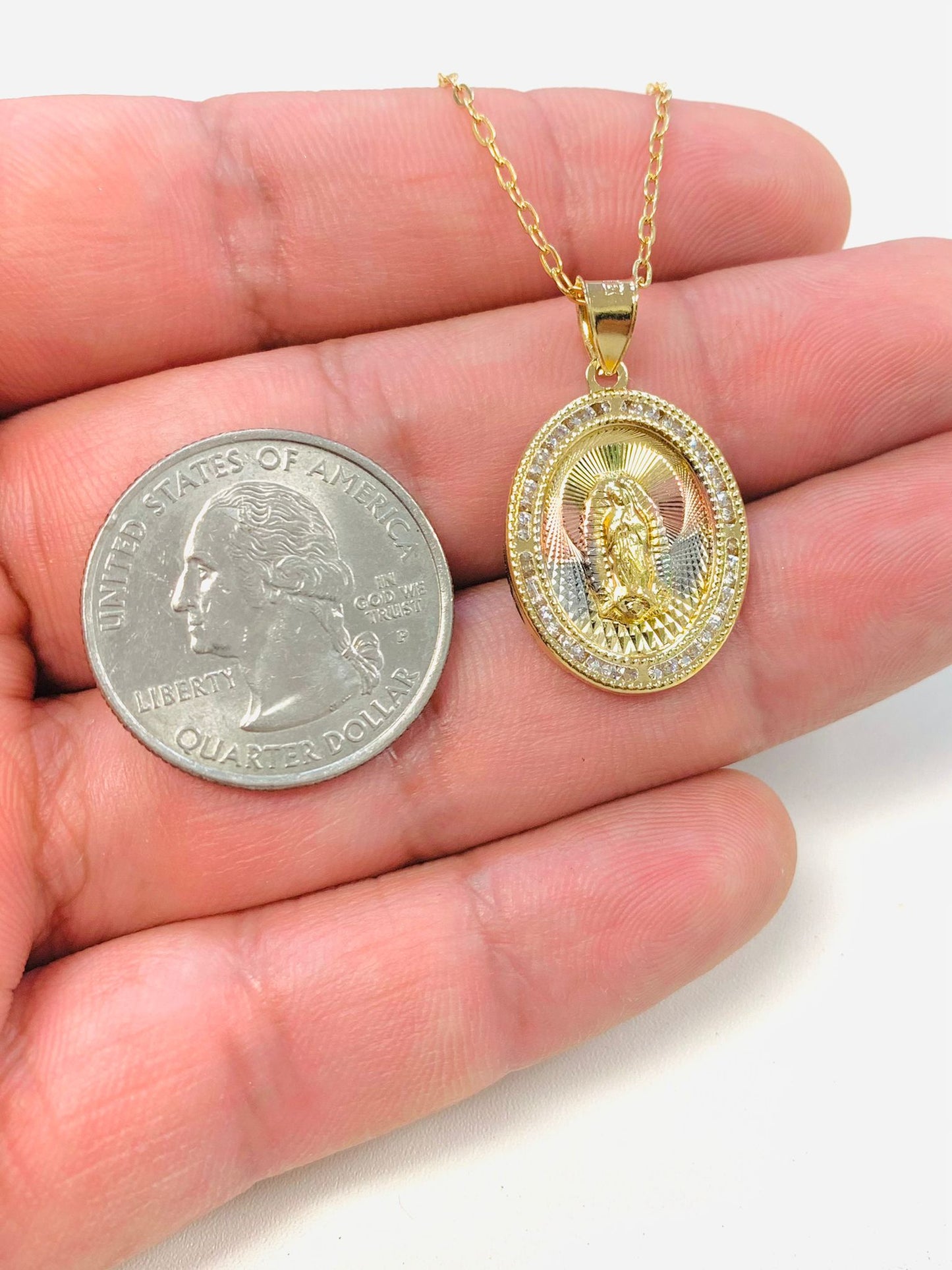 14K Gold Filled CZ Virgen de Guadalupe Necklace For Womens Cable Link Chain 20"