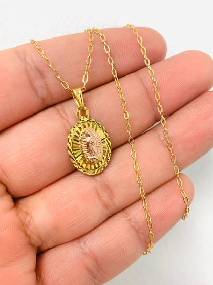 Diamond Cut Virgen de Guadalupe Necklace with Cable Link Chain 20"/ Guadalupe Pendant 20x13mm/ Dainty Necklace/ Dije de Guadalupe para Mujer con Cadena Cable Link Oro Laminado