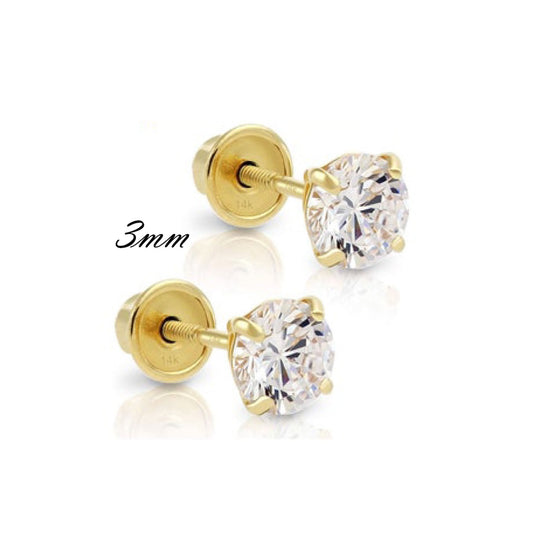 CZ Stud Round Solitaire Earrings Screw Back 10K Yellow Gold Earrings Womens Mens 3mm Everyday Earrings Dainty / Aretes de Oro 10K Real Piedra Zirconia