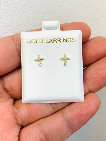 10K Yellow Gold Cross CZ Stud Earrings for Kids Womens Mens 1st Communion Gifts Baptism / Crucifix Earrings Push Back 8x6mm / Aretes de Cruz de Oro Solido 10K