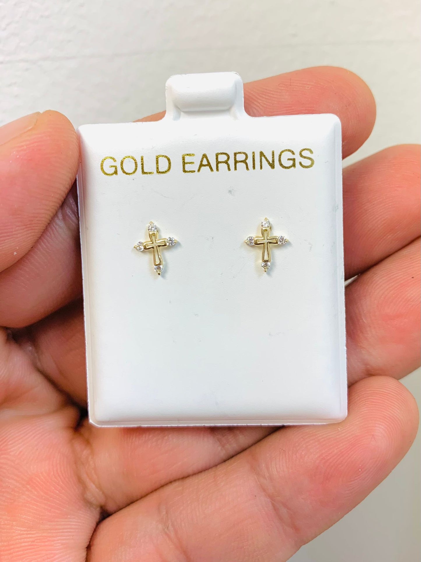 10K Yellow Gold Cross CZ Stud Earrings for Kids Womens Mens 1st Communion Gifts Baptism / Crucifix Earrings Push Back 8x6mm / Aretes de Cruz de Oro Solido 10K