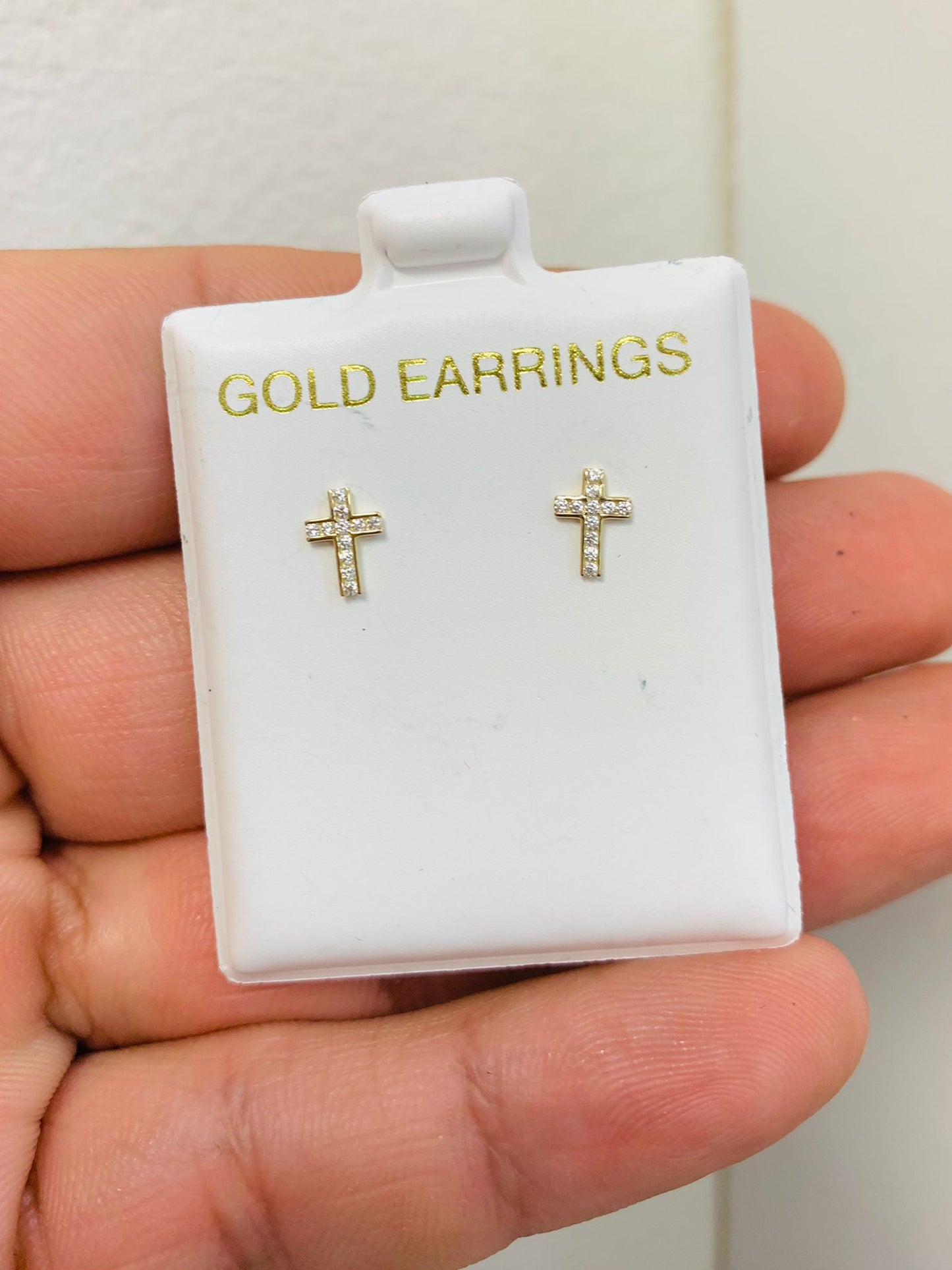 10K Solid Yellow Gold Cross Earrings With Stones 6.8x5mm Girls Boys Women's / Everyday Dainty Earrings / Aretes de Cruz con Piedras Oro Real